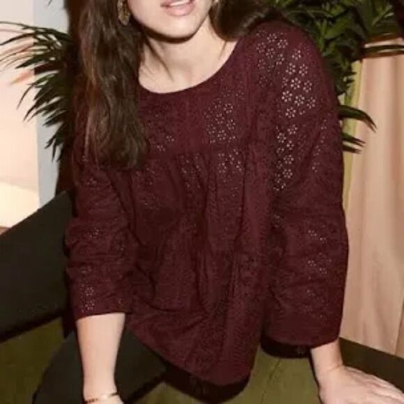 Madewell Eyelet Tiered Button-Back Top - Burgundy - Picture 1 of 7
